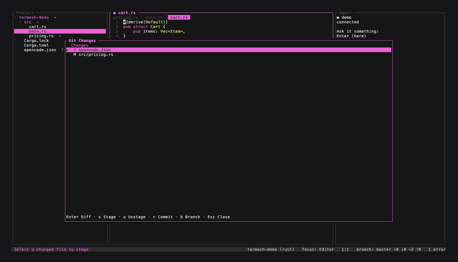 The Git Changes overlay listing a modified file, with stage,
      unstage, commit and branch actions on the footer